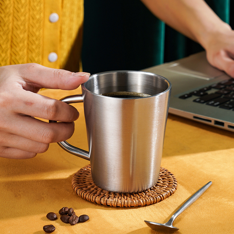 304 Stainless Steel Korean Cup Double-Layer Water Cup with Handle Mouth Cup Beer Cup Restaurant Water Cup Coffee Mug