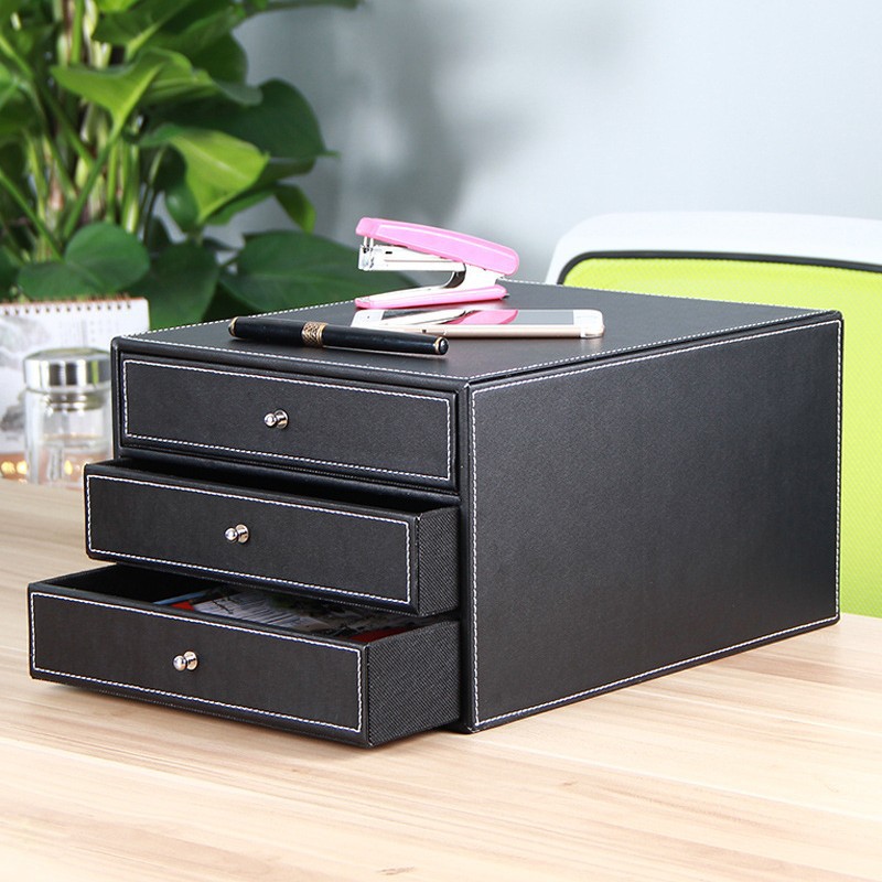 Creative Leather Storage Cabinet Bills Cabinet Organizer A4 Data Cabinet Leather Three-Layer Desktop Office Filing Cabinet