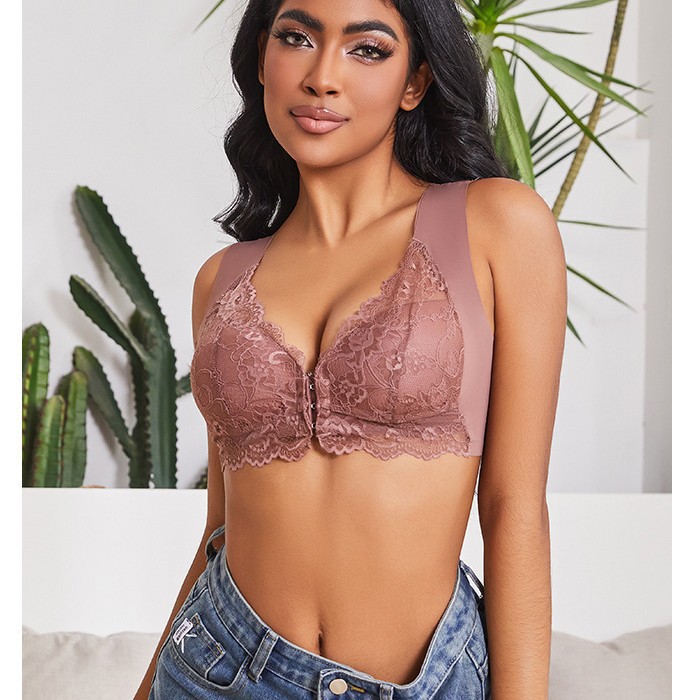 Temu European and American Cross-Border Plus-Size Push-Up Front Buckle Bra with Fixed Cups, Lace Tank Top Style Bra for Women with Front Opening