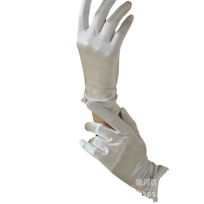 Simple Summer Sunscreen Gloves Tulle Short Satin Wedding Dress Bridal White Stretch Pearl Gloves