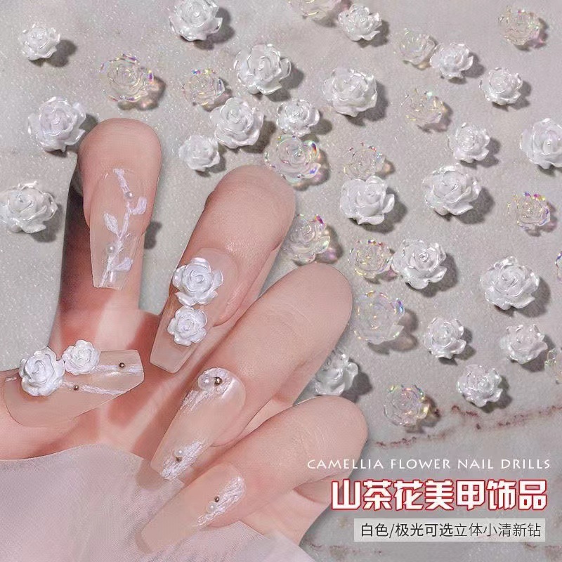 Umi Cyber Celebrous Nail Art Jewelry Camellia Resin Aurora White Three-dimensional Rose Flower Small Fresh Nail Decoration Drill
