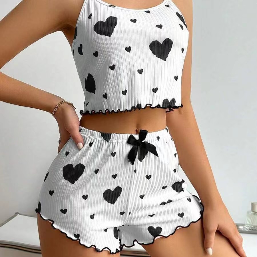 Cherry Temptation Cross-border Hot Selling Home Clothes Love Printed Sling Shorts Casual Outwear Women's Pajamas suit