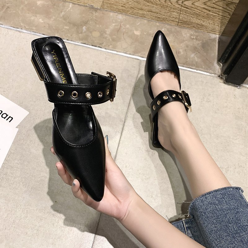 Belt Buckle Half Slippers for Women to Wear Outside 2025 Summer New Korean Style Pointed Toe Thick Heel Toe Slippers for Women Dropshipping