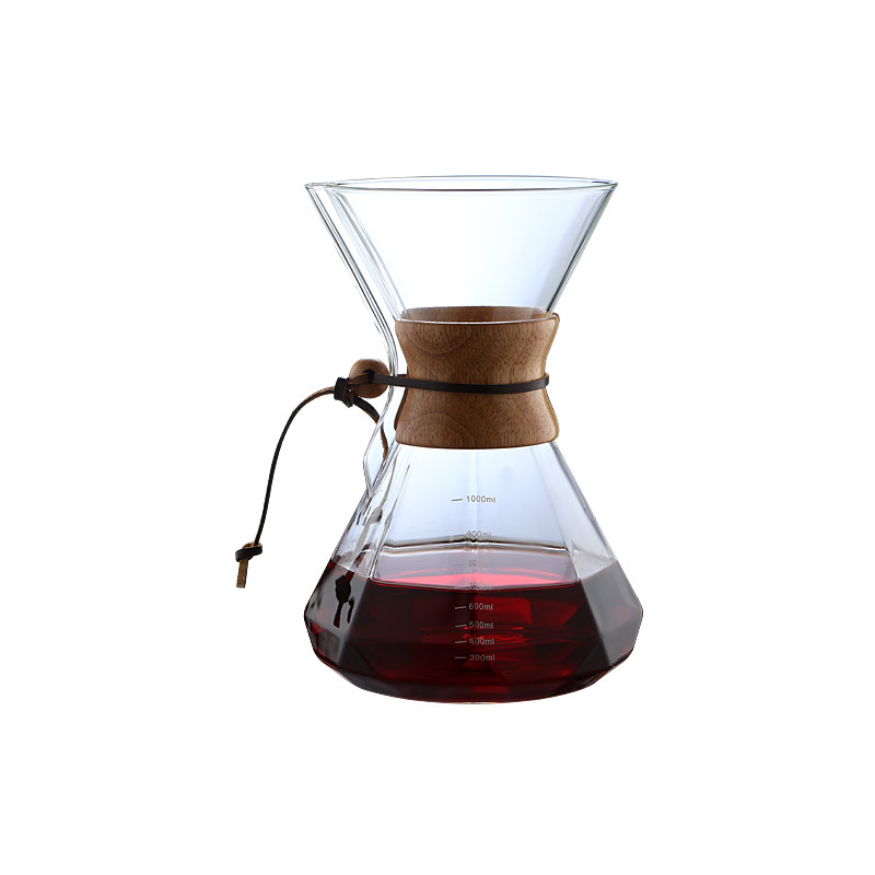 Thickened Wood Chip Coffee Pot Hand-Brewed Coffee Pot Set Household High Borosilicate Glass Coffee Sharing Pot Anti-Scalding Wooden Handle