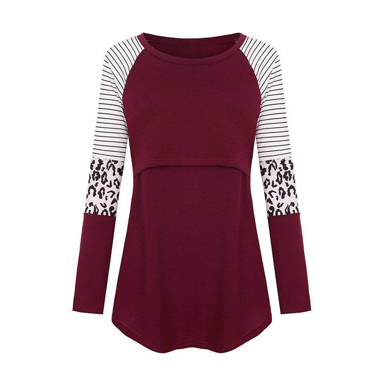 2019 Amazon's Hottest Women's Leopard Print Stripesd Print Round Neck Long-Sleeved Nursing Wear Confinement Clothes Long-Sleeved T-Shirt