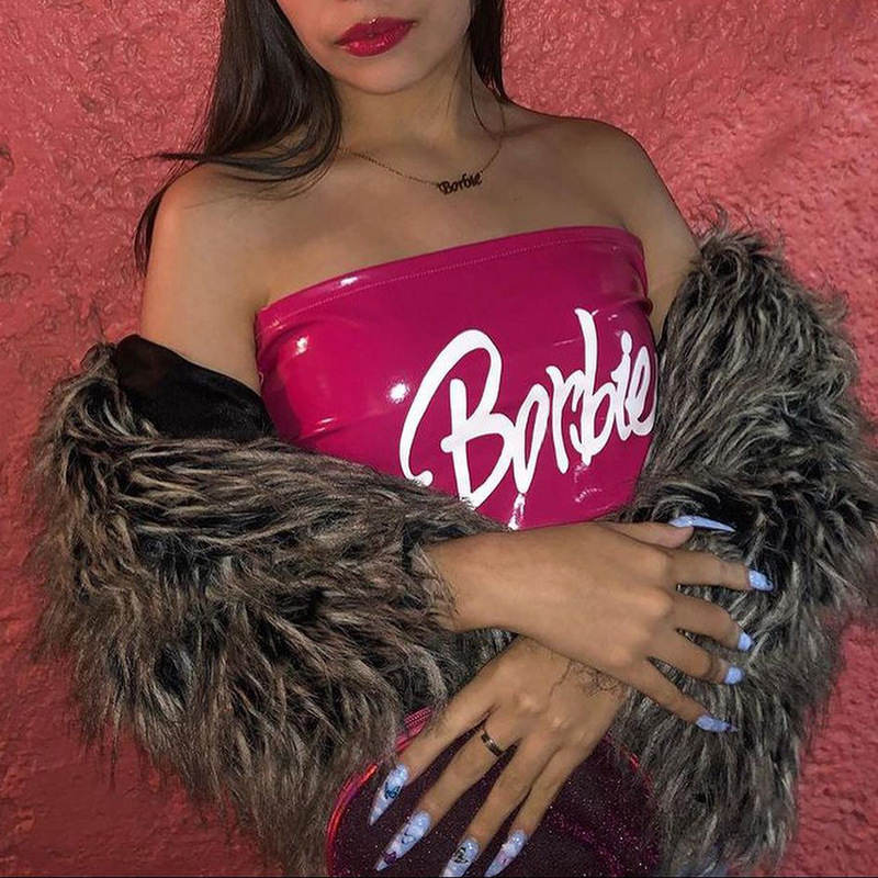 European and American Women's Clothing 2025 Spring and Summer New Women's Pu Leather Printed One-Line Collar Sexy Breast-Wrapped Vest Foreign Trade Wholesale