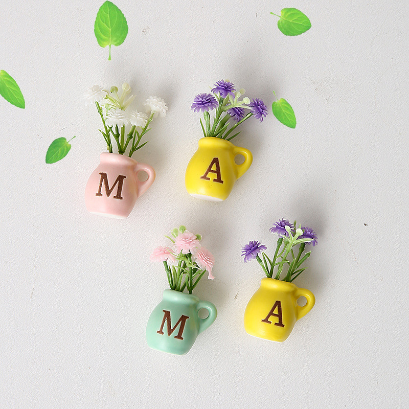 Cross-Border Ceramic Refrigerator Magnet Mini Vase Mother's Day with Magnet and Fake Flowers DIY Refrigerator Decoration