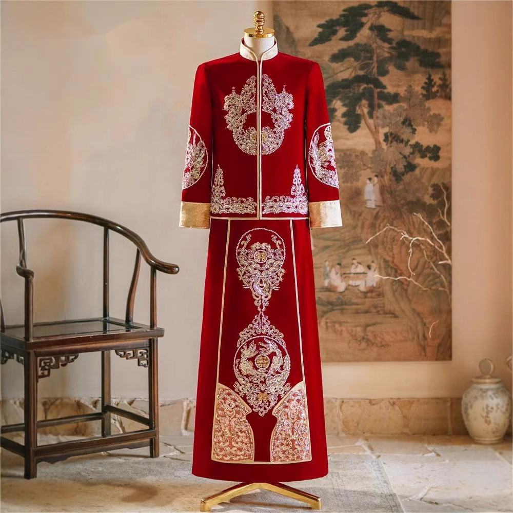 Костюм жениха Xiuhe 2024, свадебный наряд для приемов и тостов, мужской костюм с вышивкой дракона и феникса в китайском стиле