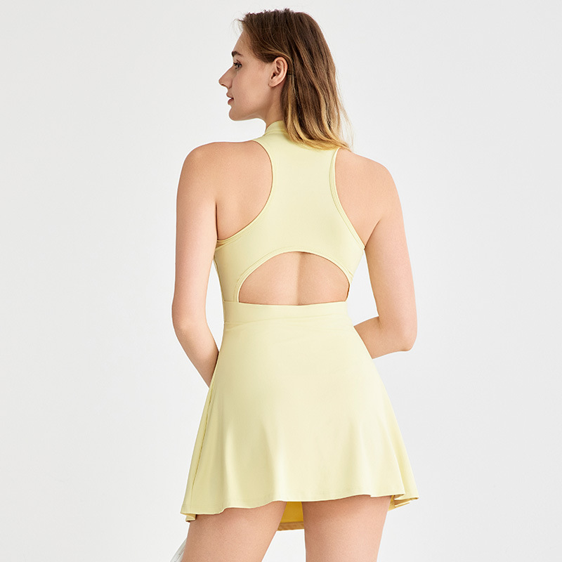 European and American Lapel dress Women's Summer High Waist Slimming Beautiful Back One-piece Dress with Chest Pad Fake Two-piece Anti-glare Tennis Dress