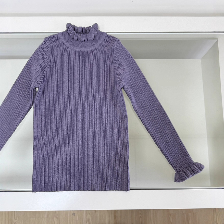 2025 Autumn/Winter New Girls' Wool Knitted Base Shirt Children's Ribbed Slim Fit Ruffled Mid-Neck Base Top