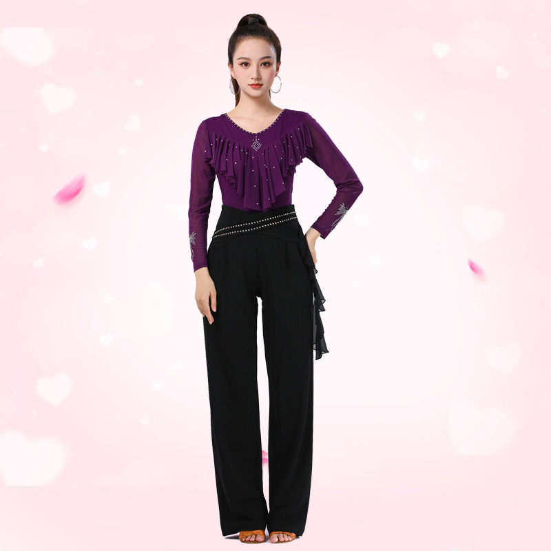 Jitterba Top Women's New Long-sleeved Square Dance Clothing Women's Three-step Color Mesh Hot Drilling Ruffled Dance Clothing