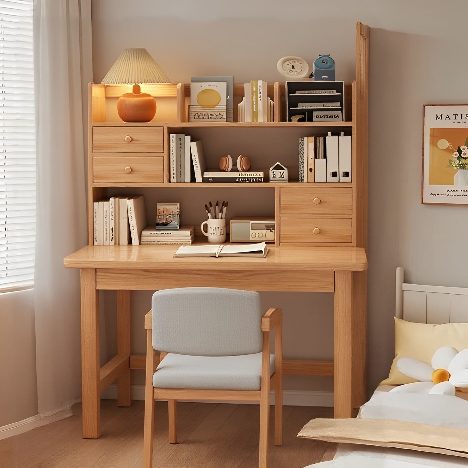 Solid Wood Desk, All Solid Wood Home Student Study Table, Simple Bookshelf Integrated Table, Small Apartment Wall Desk