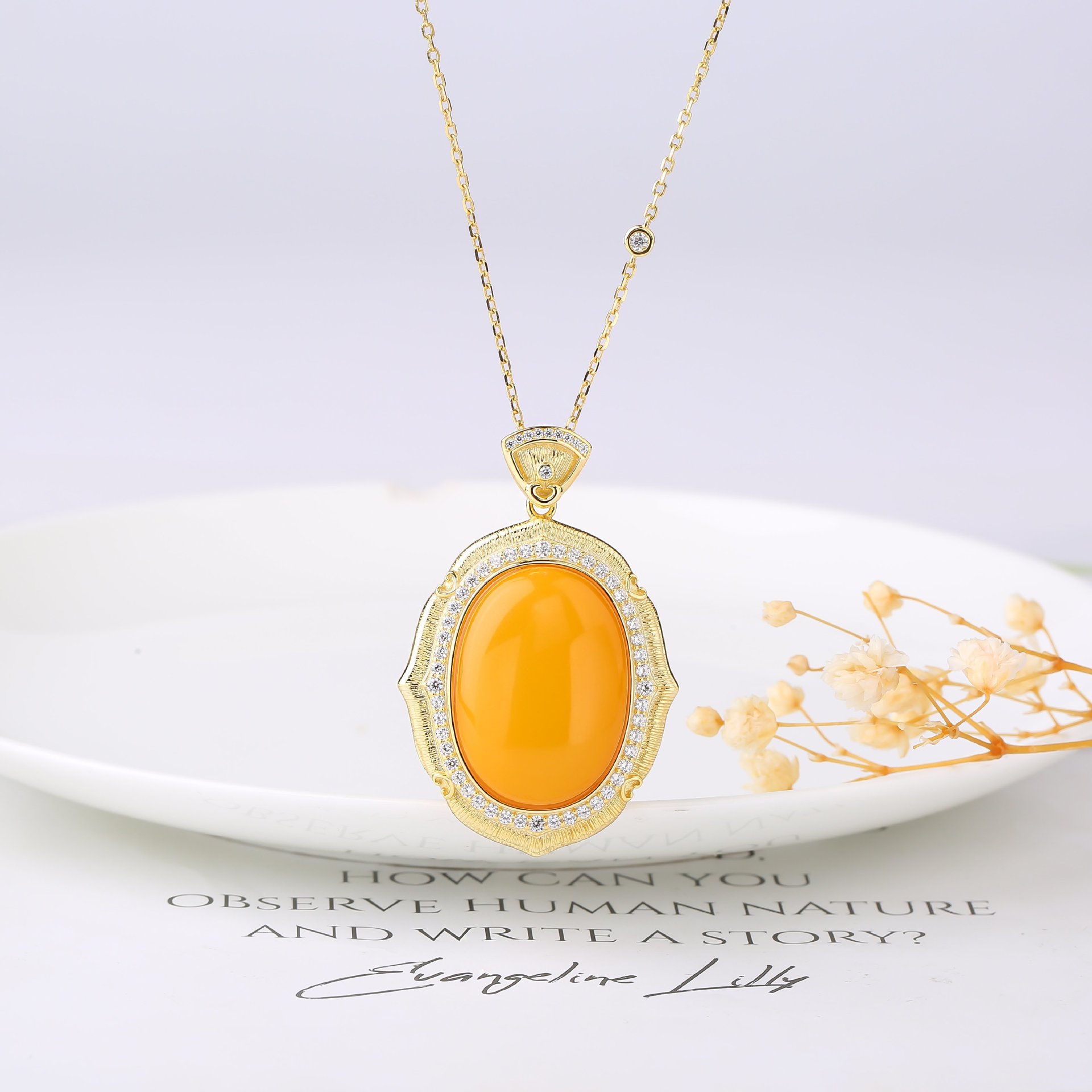 S925 Silver Natural Russian Amber Simple and Elegant Brushed Craft Fashion Set Pendant Earrings Ring