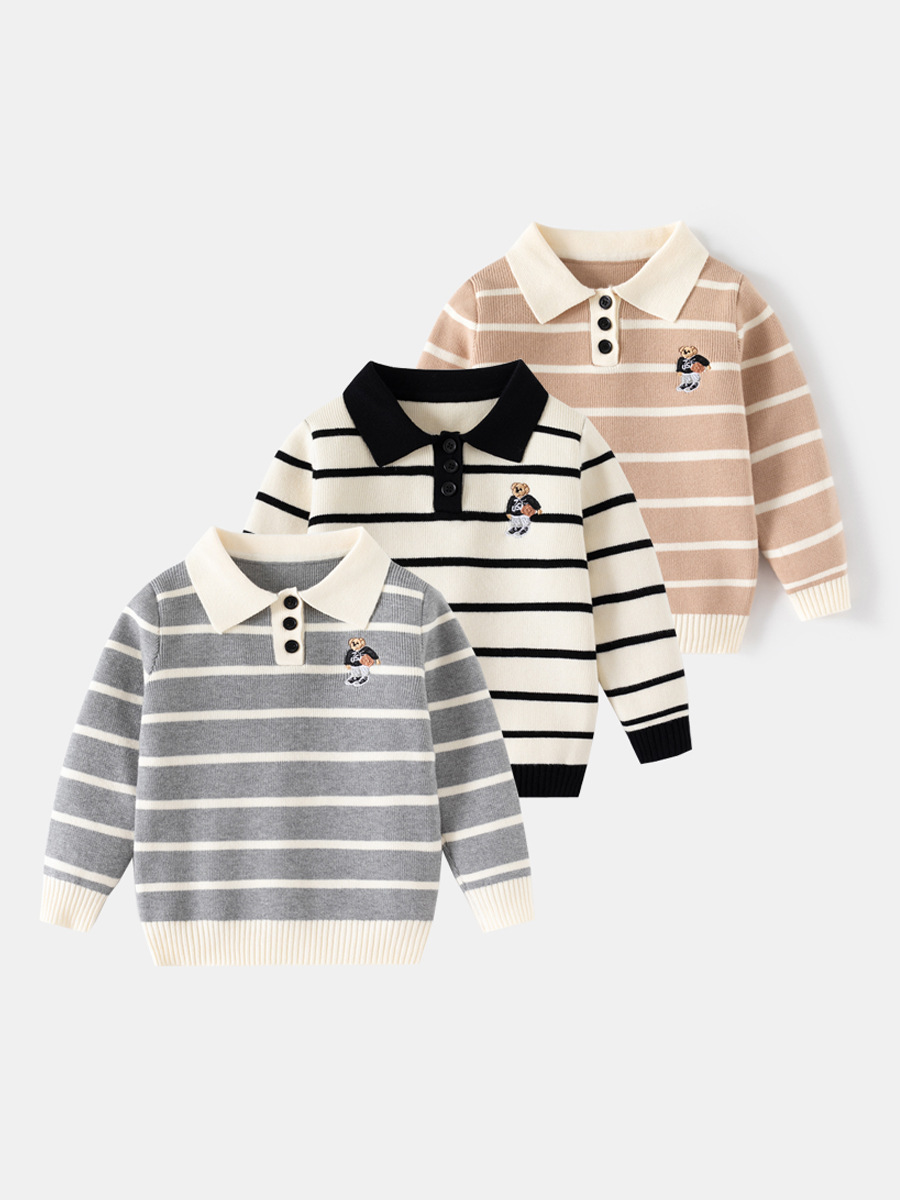 European and American Style Kidsren's Clothing Boys Stripesd Jacquard Single Layer Core-Spun Yarn Thick Needle Sweater Kidsren's Bear Embroidered Lapel Sweater
