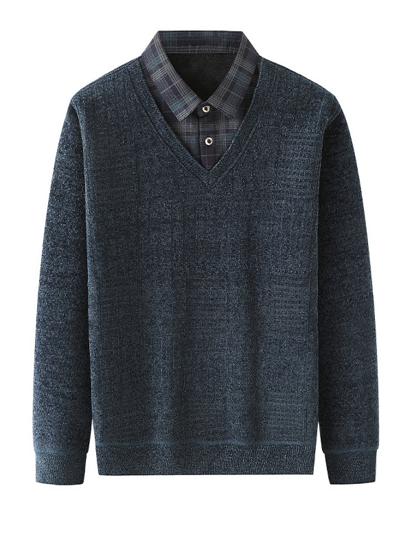 fleece-lined Warm Sweater Fake Two-piece T-shirt Middle-aged and Elderly Men's Fashionable Dad Winter New Casual Thickened Base Shirt