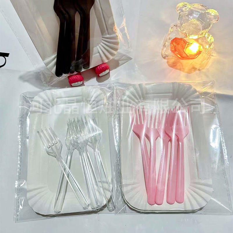 Disposable cake shop tableware birthday cake plate round fork spoon birthday supplies party cake knife fork plate suit