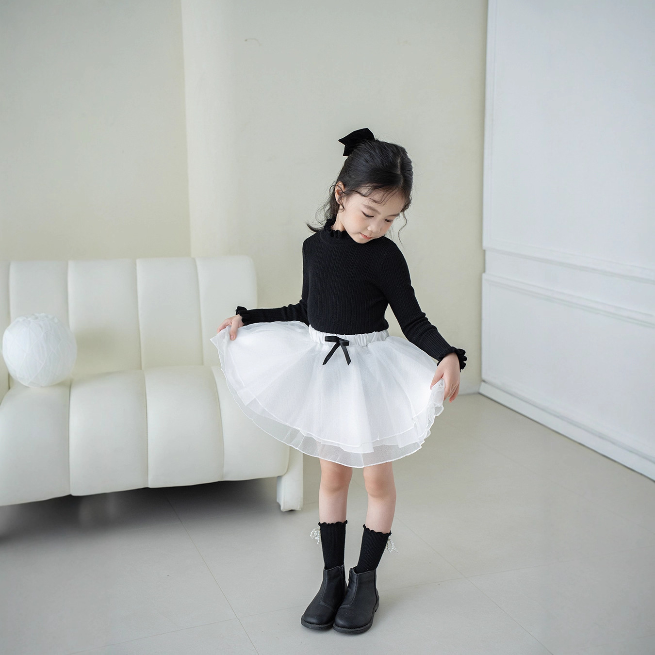 2025 Autumn/Winter New Girls' Wool Knitted Base Shirt Children's Ribbed Slim Fit Ruffled Mid-Neck Base Top