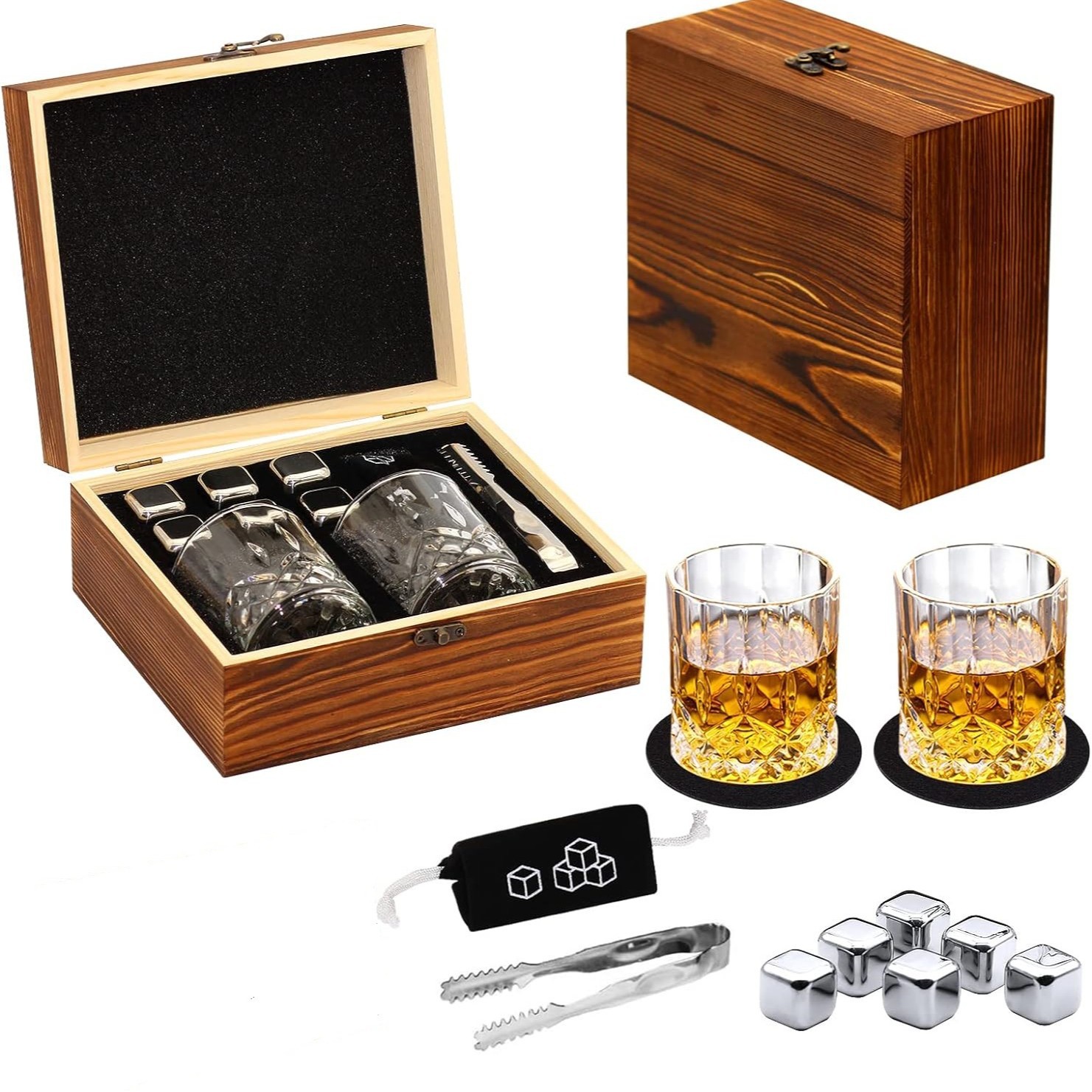 Amazon Amazon Stainless Steel Ice Wine Stone Wooden Box Set Whiskey Stones Glass Gift Box
