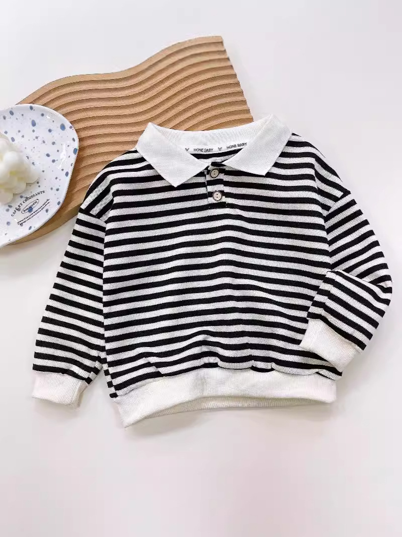 Spring and Autumn Children's Polo Sweatshirt 2025 New Long Sleeve Lapel Striped Sweatshirt Baby Fashionable Top Children's Clothing Wholesale