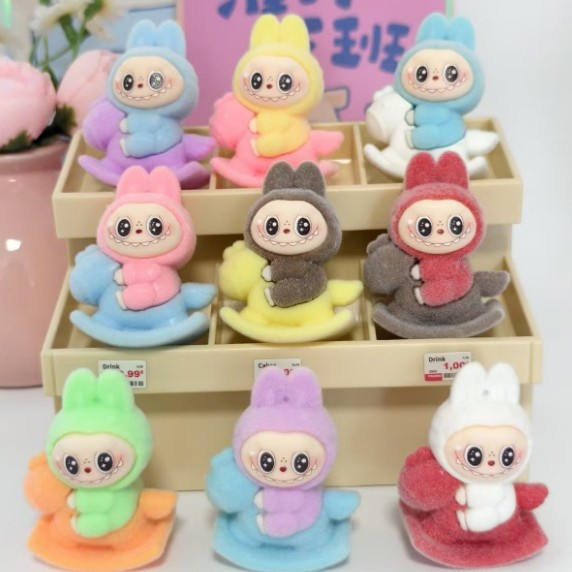 Popular Cute Trendy Macaron Color Flocked Labubu Ornaments Pvc Jewelry Accessories Mini Doll Small Ornaments