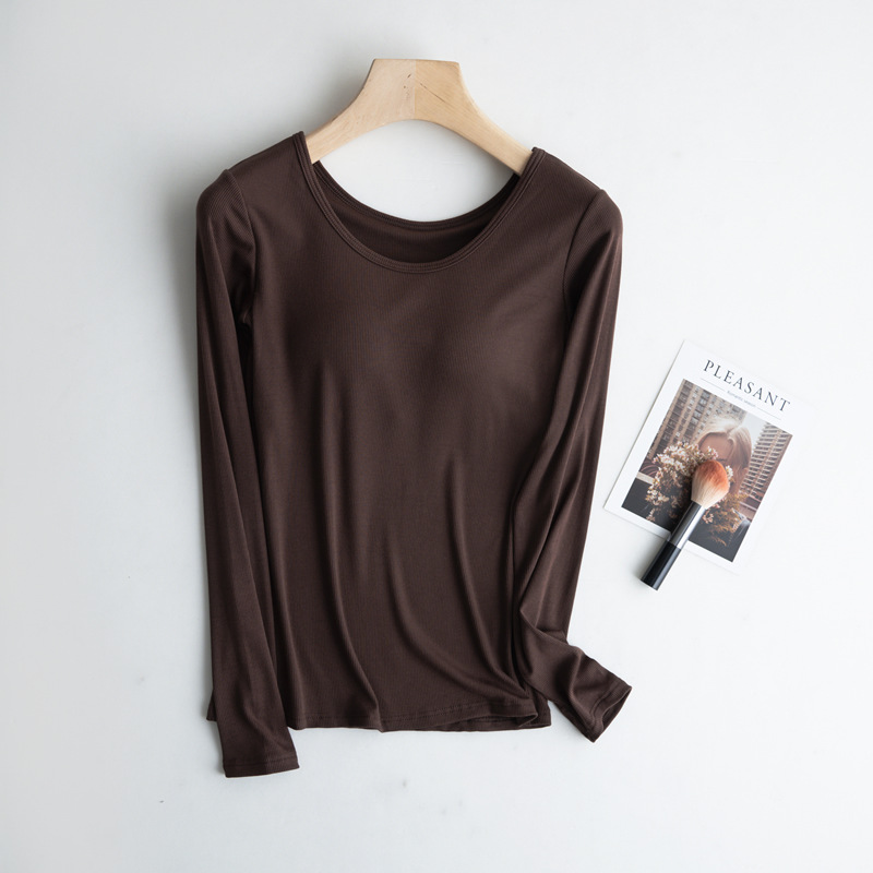 Wear-free bra with chest pad integrated thread long-sleeved T-shirt women's autumn and winter outer wear round neck bottoming inner wear factory wholesale