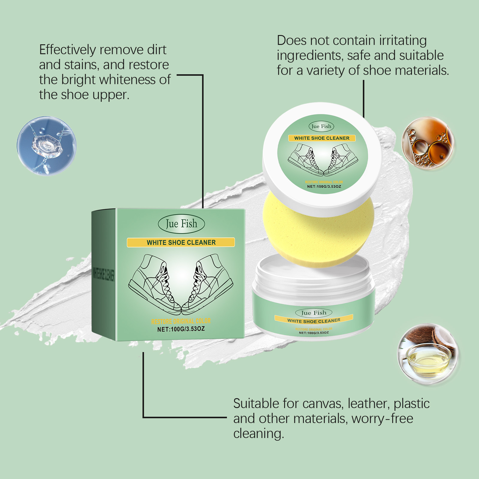 Jue Fish White Shoe Cleaning Cream, Cleaning Leather Shoes, Leather Bags, White Shoes, No-Wash Maintenance, Portable Cleaning Cream