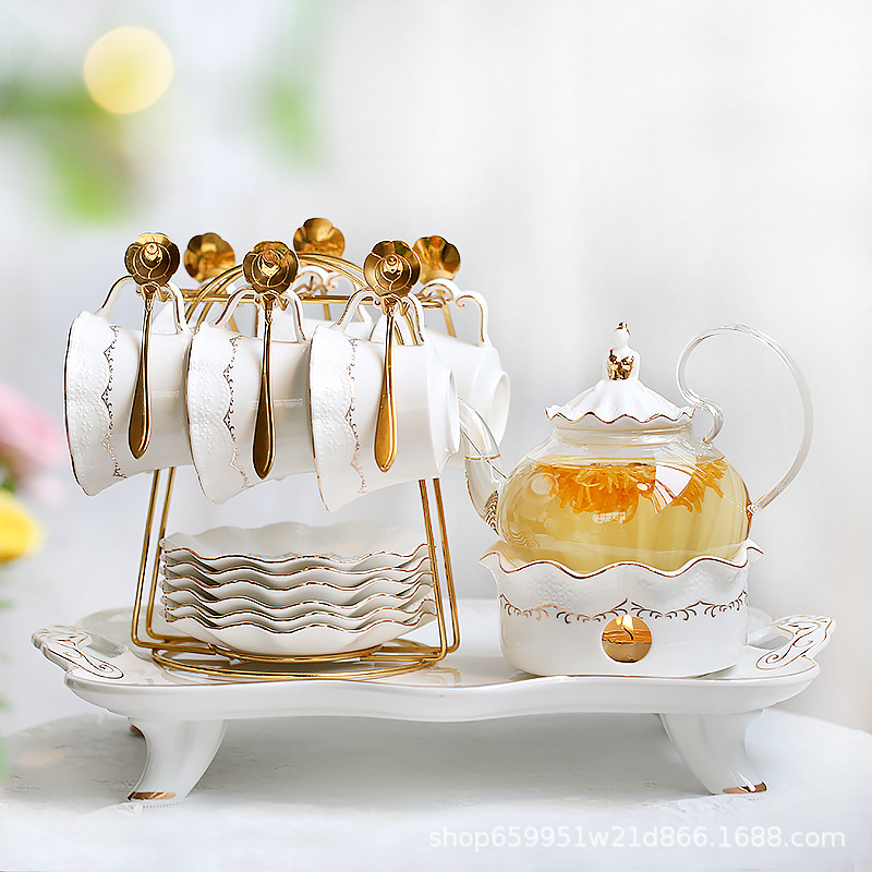 Afternoon Tea Set European Style Tea Set Candle Boiling Tea Stove British Style Tea Set Glass Fruit Teapot Flower Teapot Set