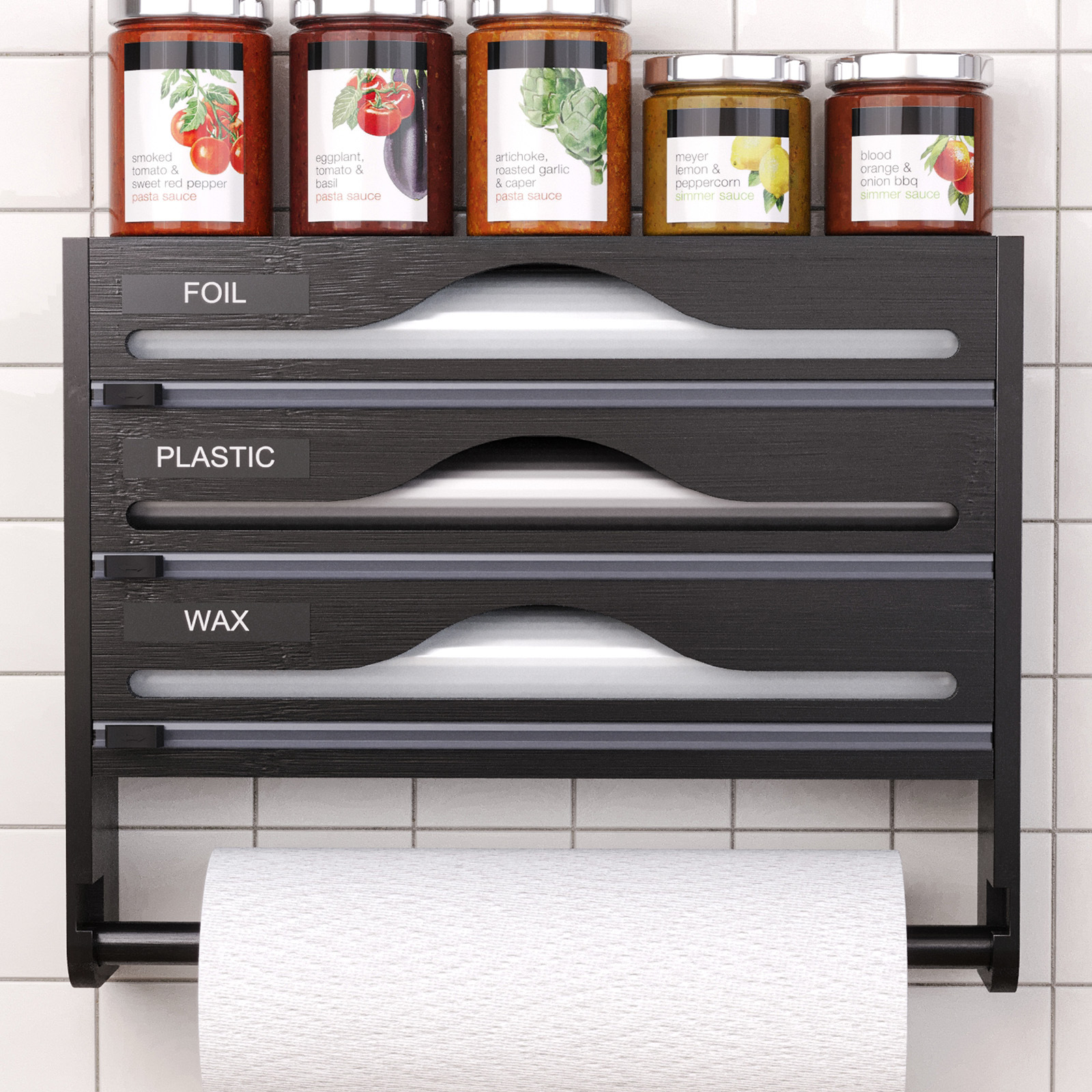 Kitchen plastic wrap cutter box with kitchen paper rack three-in-one storage rack foil parchment bamboo storage box