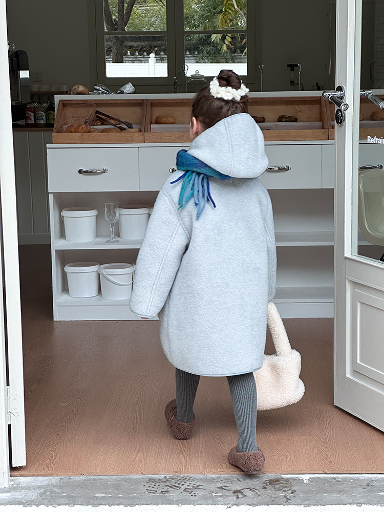 [Fleece and Thickened] Girls Korean Style Western Style New Year Style Mid-Length Hooded Woolen Coat