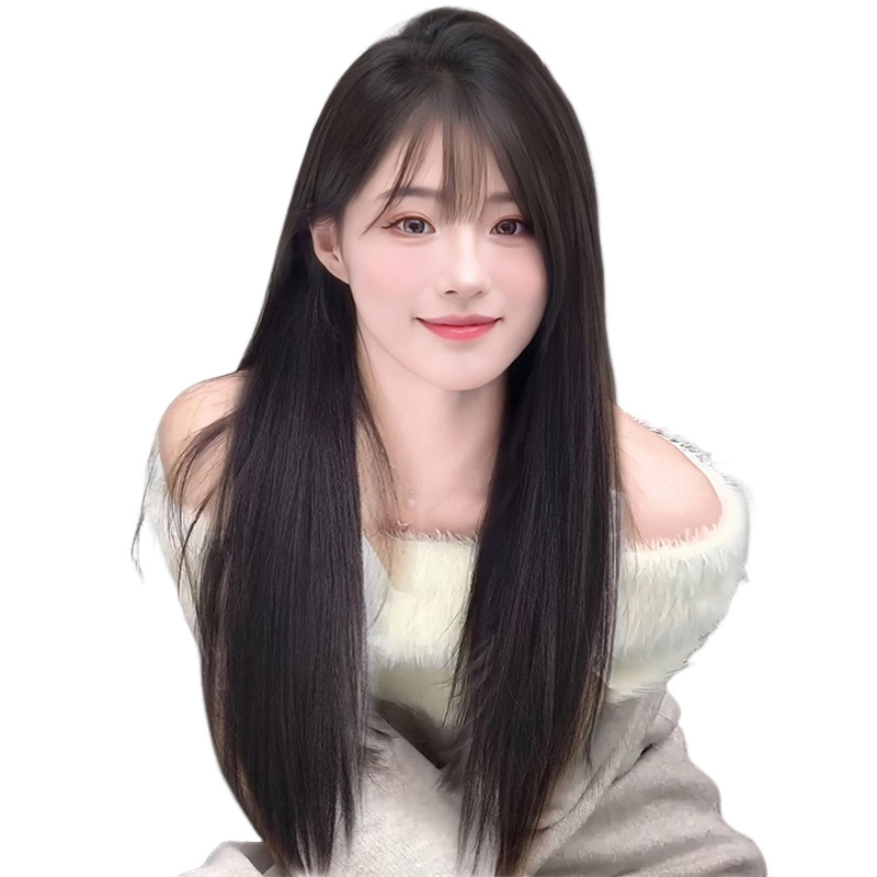 Wig Women's Full Head Cover Black Long Straight Top Wig Piece Hair-Free Net Wig Curly Hair Big Wave