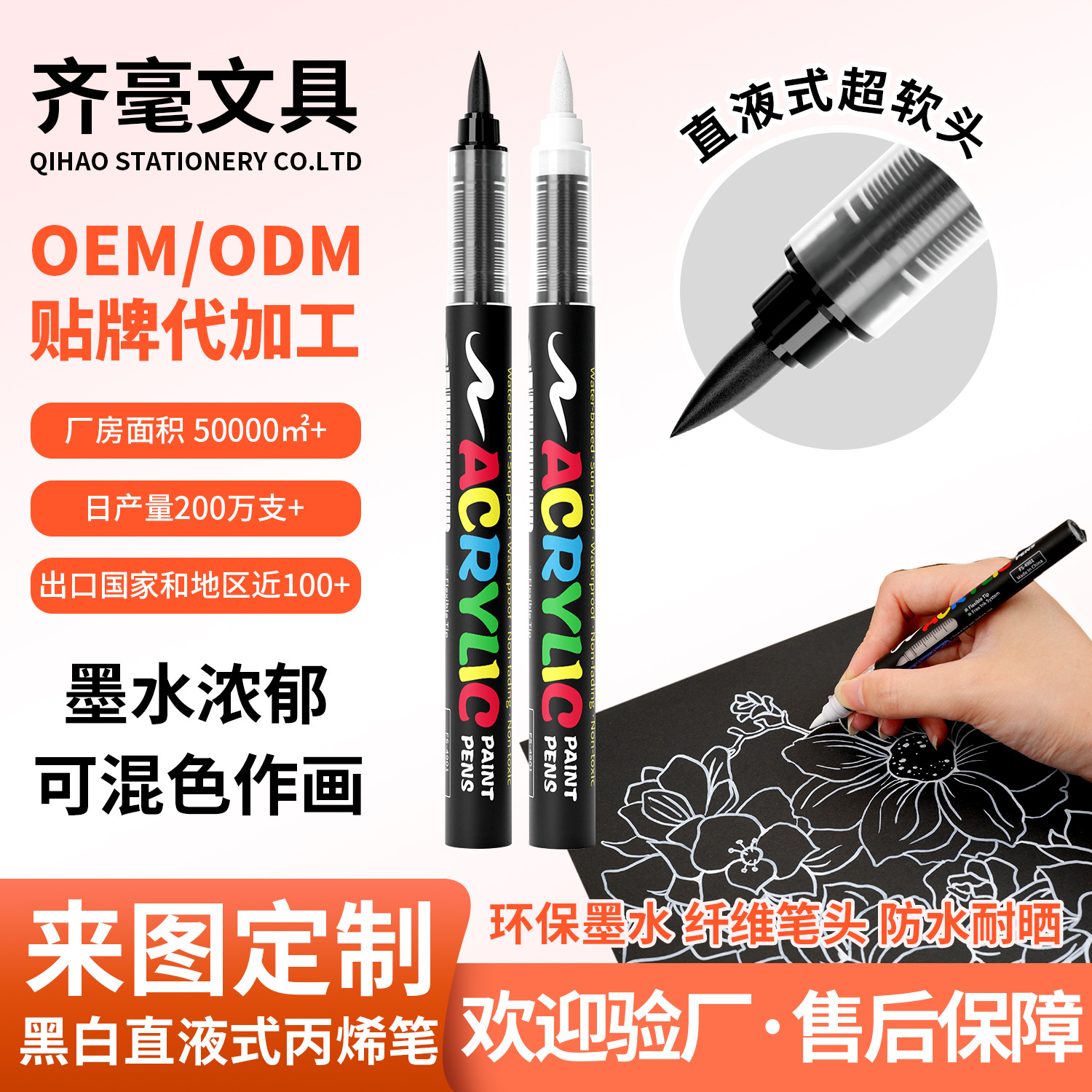 Импортный черно-белый акриловый маркер с мягким наконечником для ведения дневников, глянцевого искусства, рисования на черной бумаге, DIY альбомов, на водной основе