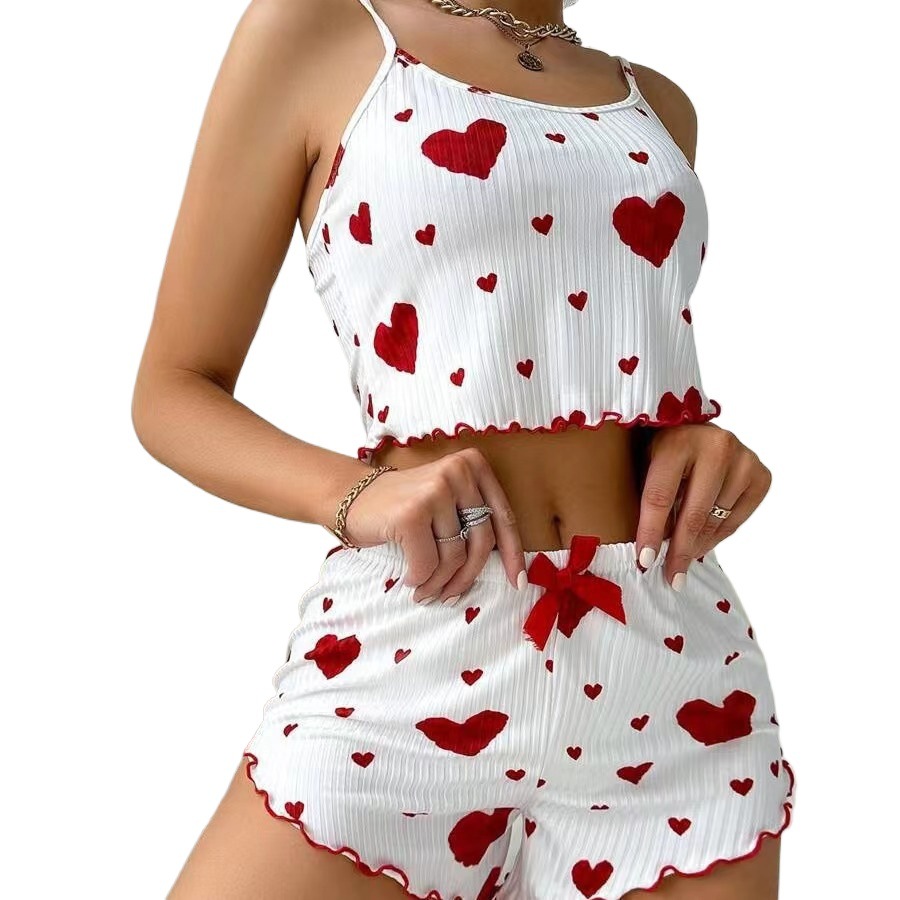 Summer New European and American 2024 Knitted Pit Strips Heart Print Design Sweet Suspender Shorts Pure Desire Pajamas for Women