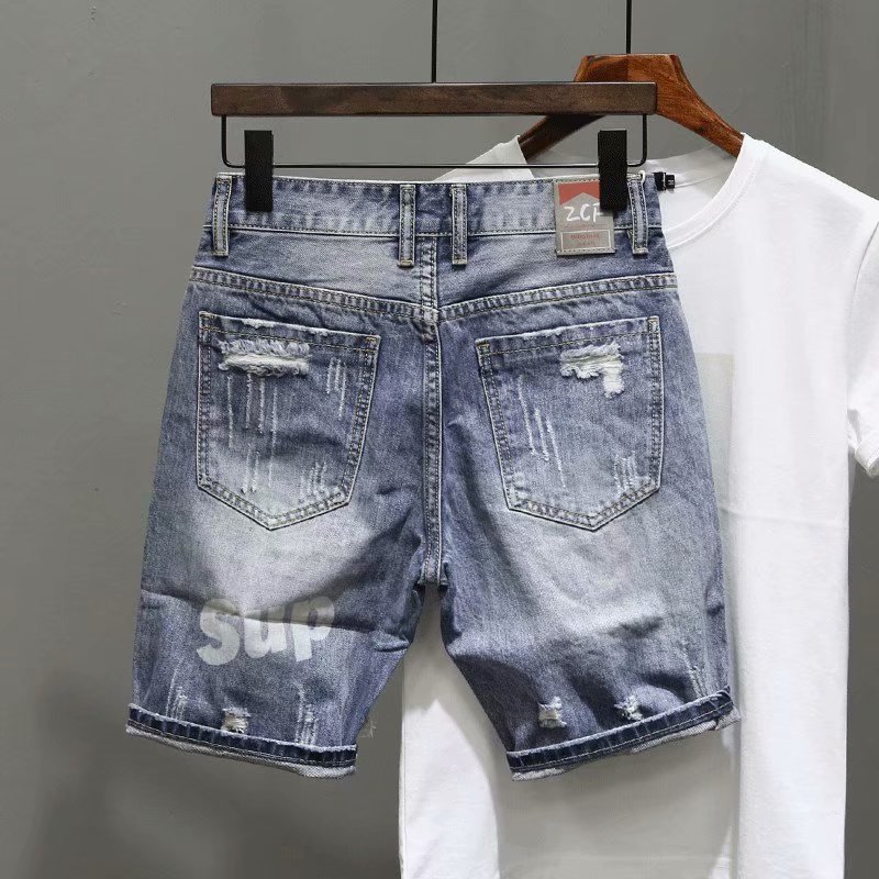 Summer Internet Celebrant Men's Denim Shorts with Hole Trendy Brand Distinctive Print Slim-fit Spiritual All-match Five-point Pants for Young Men