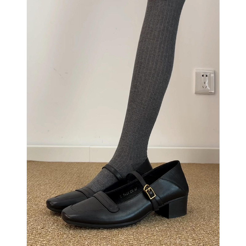 Женские ботинки Мэри Джейн из натуральной кожи, литературный ретро стиль, квадратный носок, толстый каблук, универсальные туфли