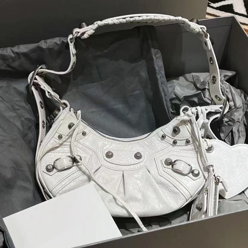 25 New B Motorcycle Bag Armpit Bag Rivet Tassel Three-In-One Crescent Pleated Cowhide Shoulder Crossbody Women's Bag