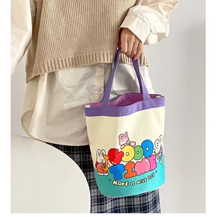 Cute Dog Cylinder Bag Portable Canvas Bag New Korean Style Girl's Heart Lunch Bag Large Capacity Cartoon Bucket Bag