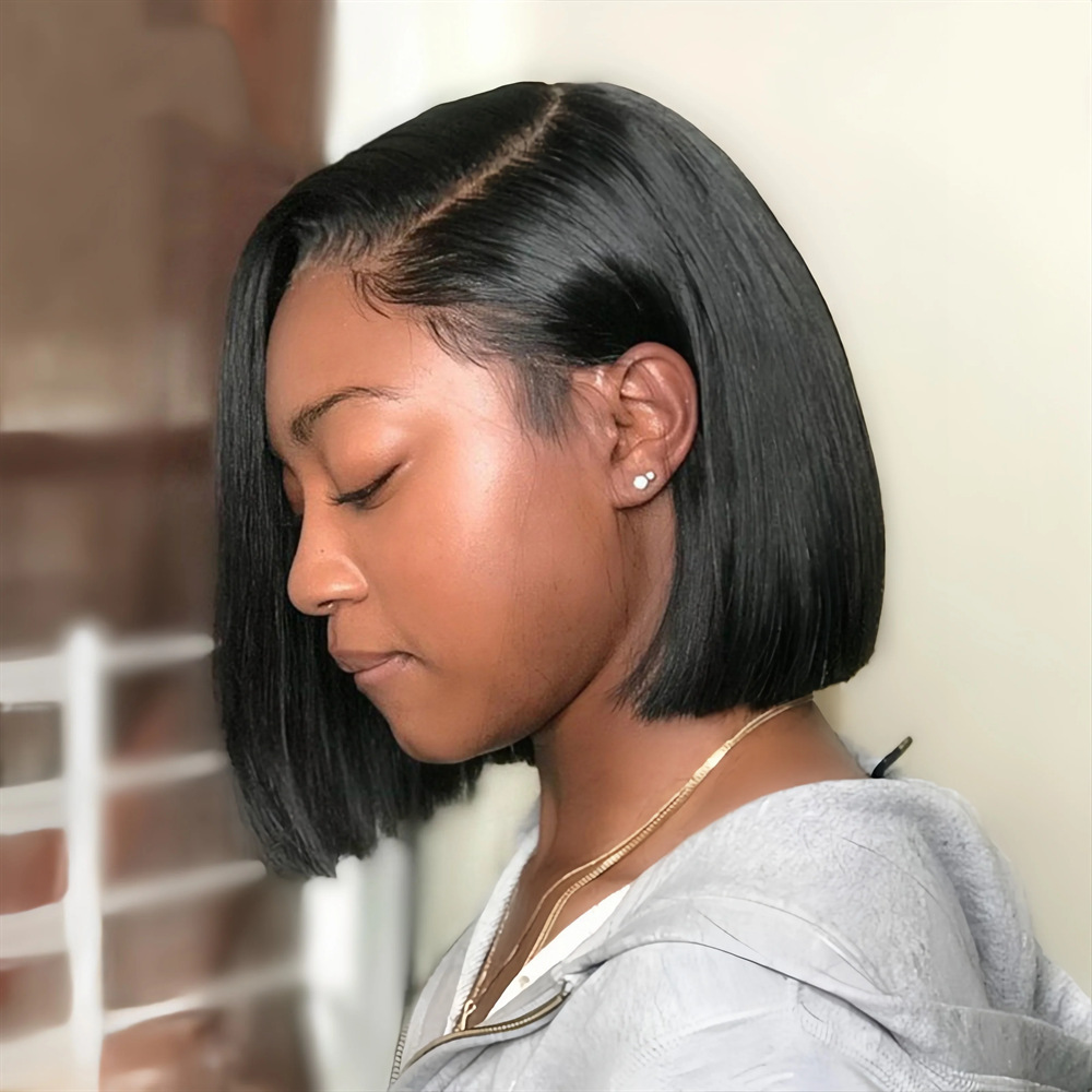 Cross-border foreign trade African wig women's side points bobo short straight hair European and American fashion black short hair high temperature silk full head cover