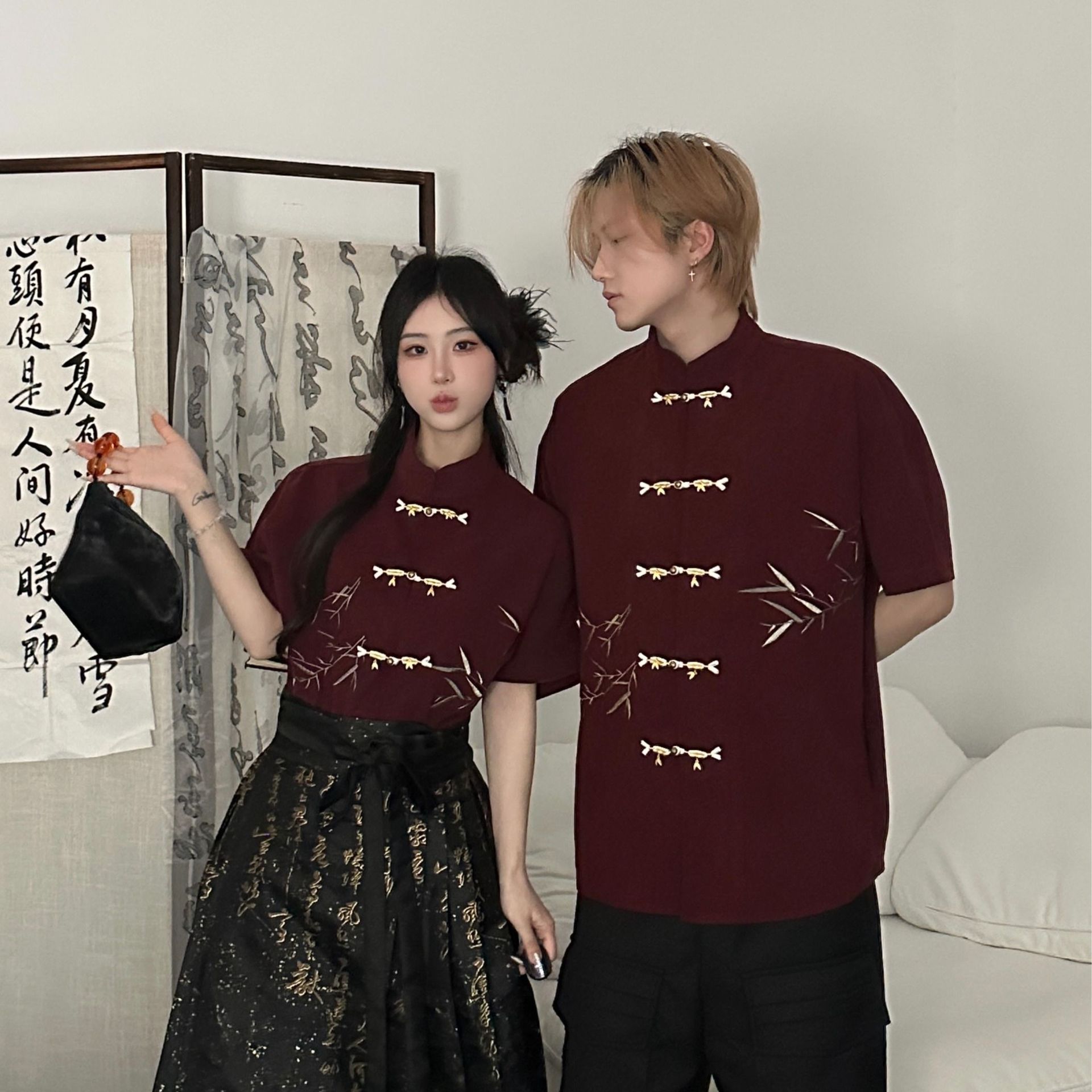 New Chinese Style Couple Outfit 2025 Summer Embroidered Bamboo Leaf Disc Button Short-Sleeved Shirt Chinese Style Horse Face Skirt Two-Piece Class Uniform