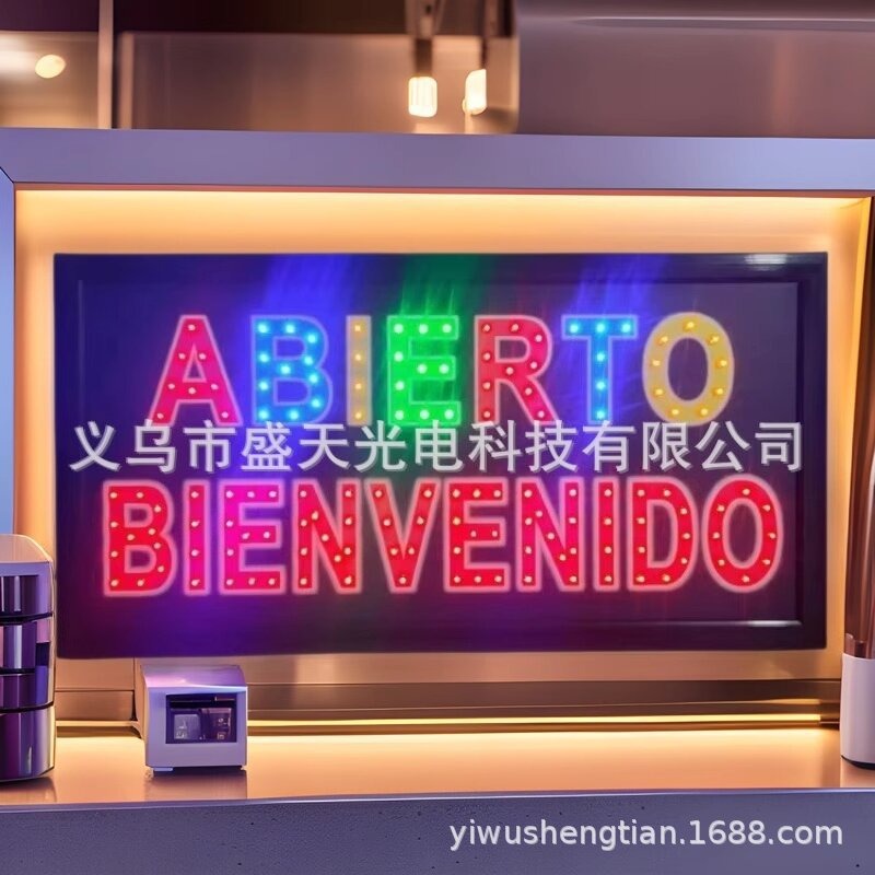 Spanish LED billboard color photo ABIERTO BIENVENIDO