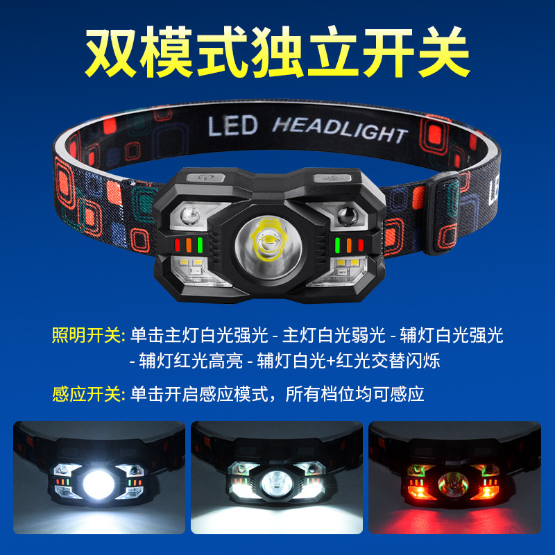 Cross-border intelligent induction small headlight multi-function multi-light source charging outdoor head-mounted flashlight night fishing lamp wholesale
