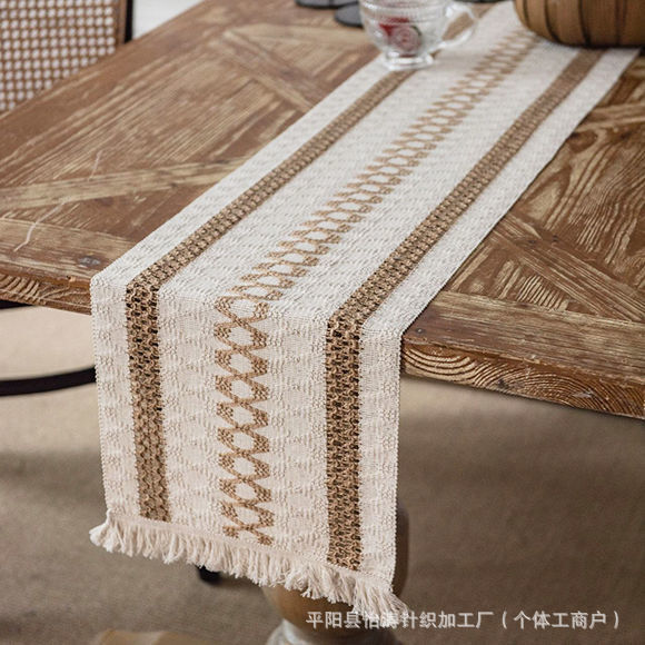 American Retro Cotton and Linen Dining Table Cross-Border Woven Coffee Table Table Flag Tablecloth Tassel Simple Striped Decoration Light Luxury Scandinavian