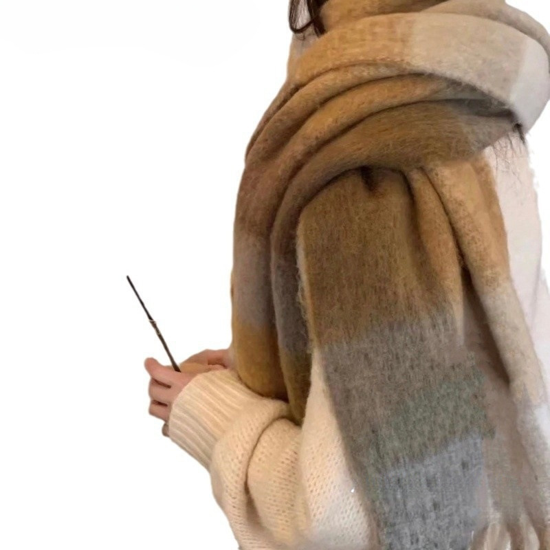 Autumn and Winter New Thickened Warm Rainbow-Colored Plaid Scarf European and American Loop Yarn Thick Tassel Color-Blocking Shawl Universal