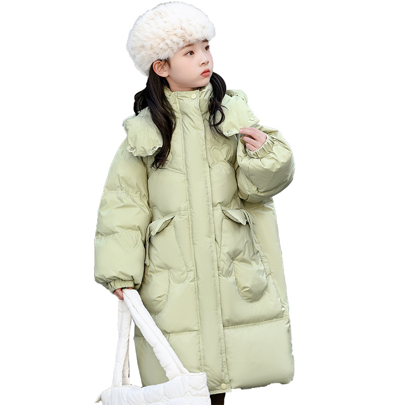 2024 New Children's down Jacket for Girls, Mid-Length Stylish Over-The-Knee Windproof Hooded Coat for Older Children