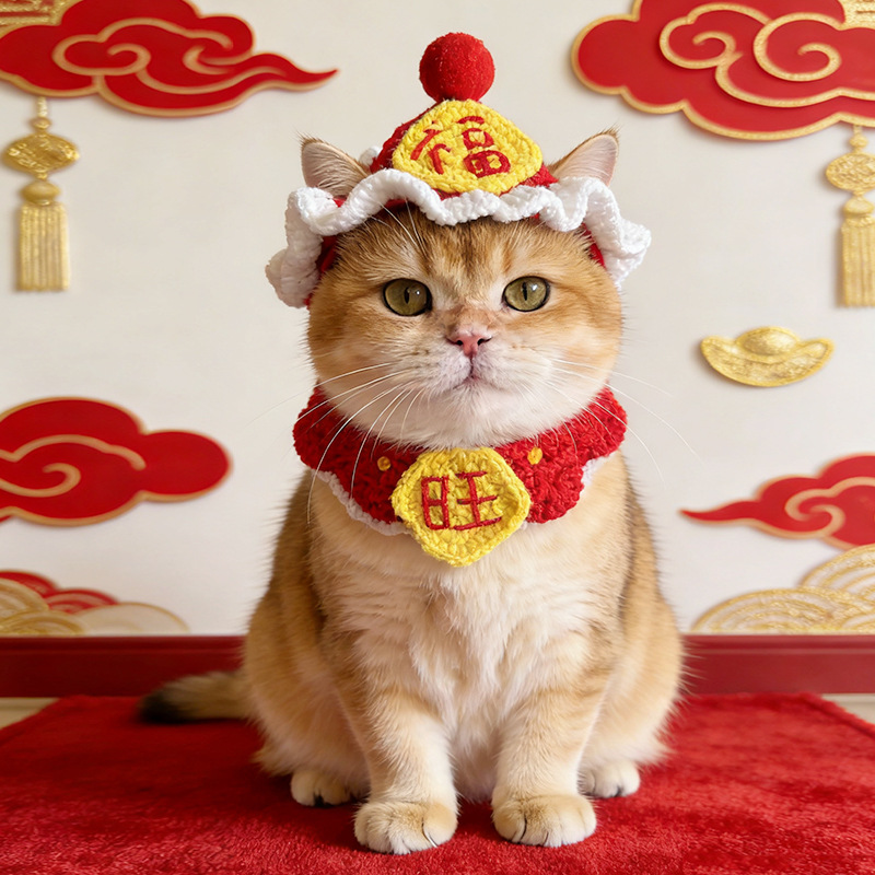 Pet New Year Set Hand-Knitted Wool Warm Cat Scarf New Year Dog Decoration Red Accessories Hat