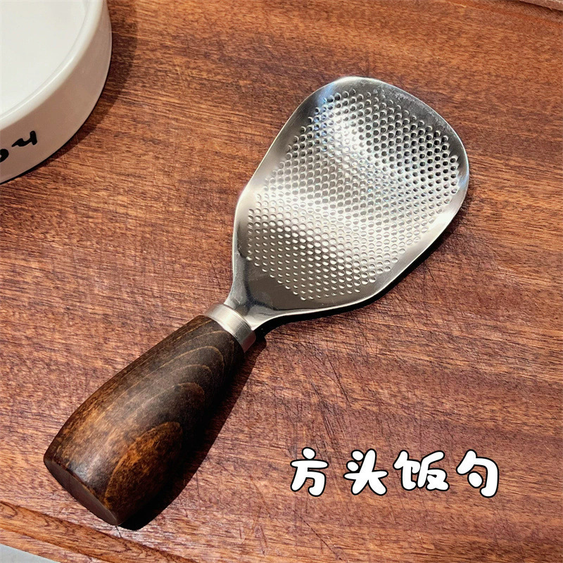 Thickened Vertical Rice Spoon Household Wooden Handle Rice Cooker Rice Stainless Steel Spoon Kitchen Rice Serving Wooden Handle Non-Stick Rice Spoon