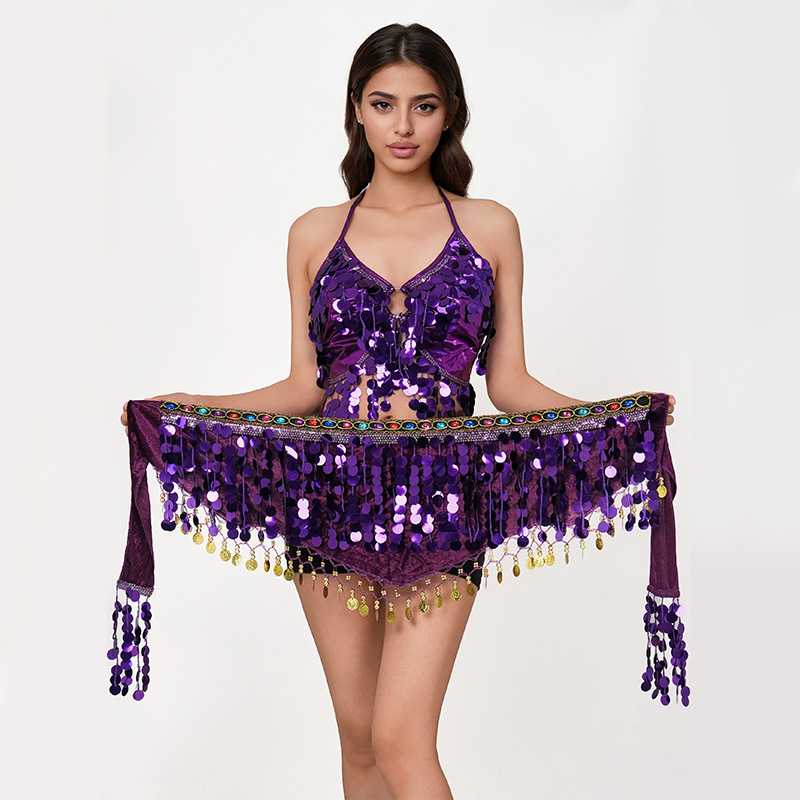 Belly Dance Performance Clothing Waist Chain Hip Scarf Nightclub Sequin Tassel Oriental Dance Waist Scarf Indian Dance Performance Suit