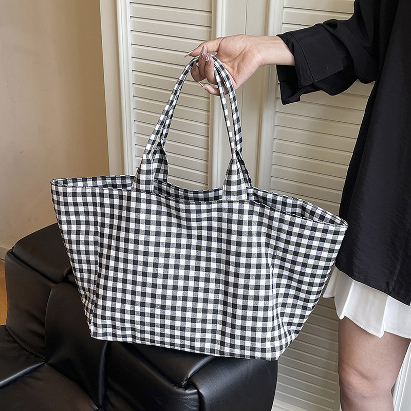 Японская клетчатая канвасная сумка для женщин, стильная сумка, большая емкость для покупок