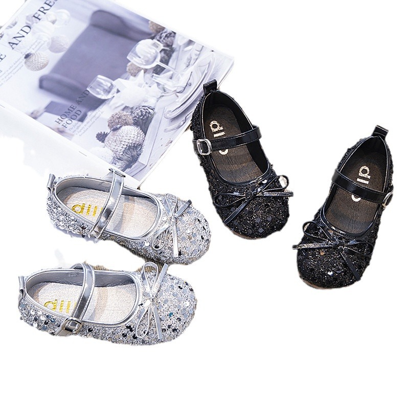 Children's Fashion Trend Rope Bow Small Leather Shoes Baby's Stylish Sequin Shallow Mouth Shoes Autumn New Children's Shoes