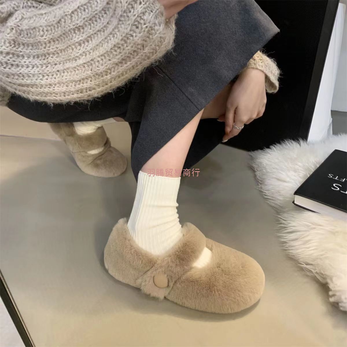 35-43 Large Size Women's Shoes French Evening Style with Skirt Furry Shoes 41 Autumn and Winter Fleece-Lined Soft Sole Mary Jane Shoes 42