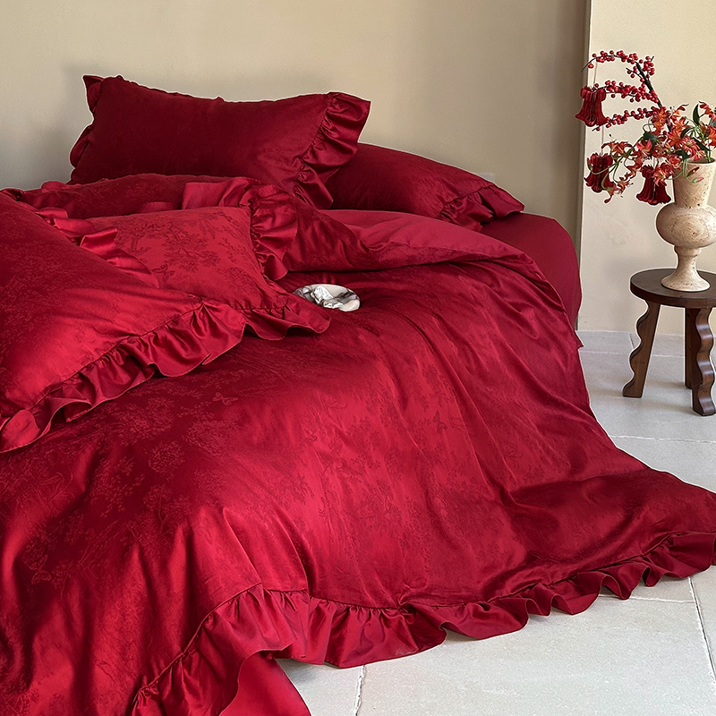 High-End Class a 100S Long-Staple Cotton Wedding Four-Piece Set of Pure Cotton Red Wedding Wedding French Retro Bedding